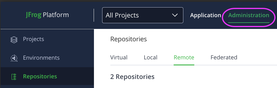 JFrog Artifactory interface showing the Administration tab selected in the top navigation bar